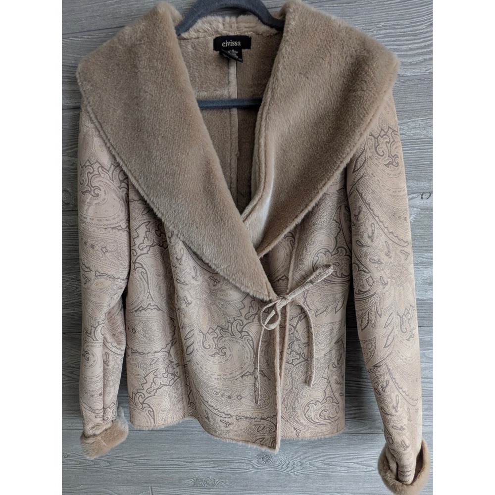 Eivissa Womens Tan Paisley Faux Shearling Wrap Jacket Faux Fur Trim Size MED